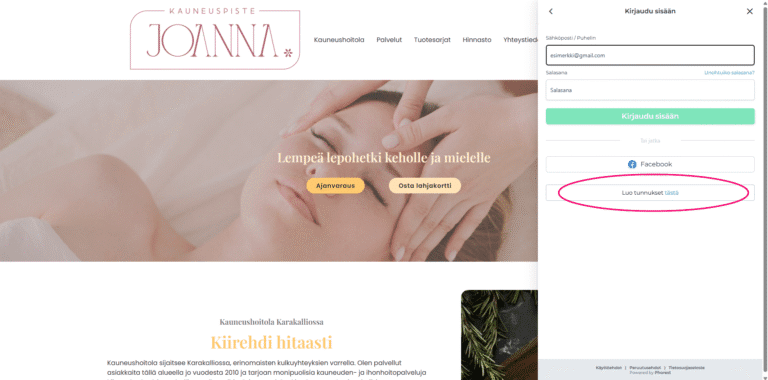 Phorestin kirjautumisnäkymä – Kauneuspiste Joanna Espoossa
